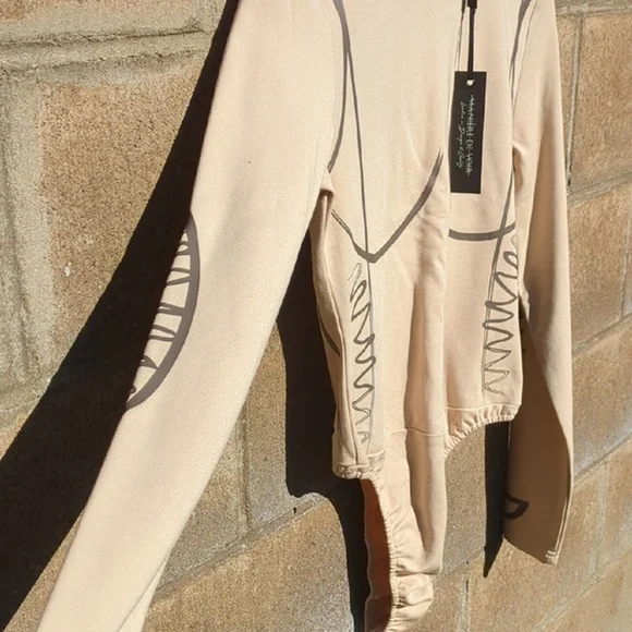 MANIERE DE VOIR Corset Detail Long Sleeve Bodysuit Beige,Stretch Contour Size 16 - Picture 7 of 9